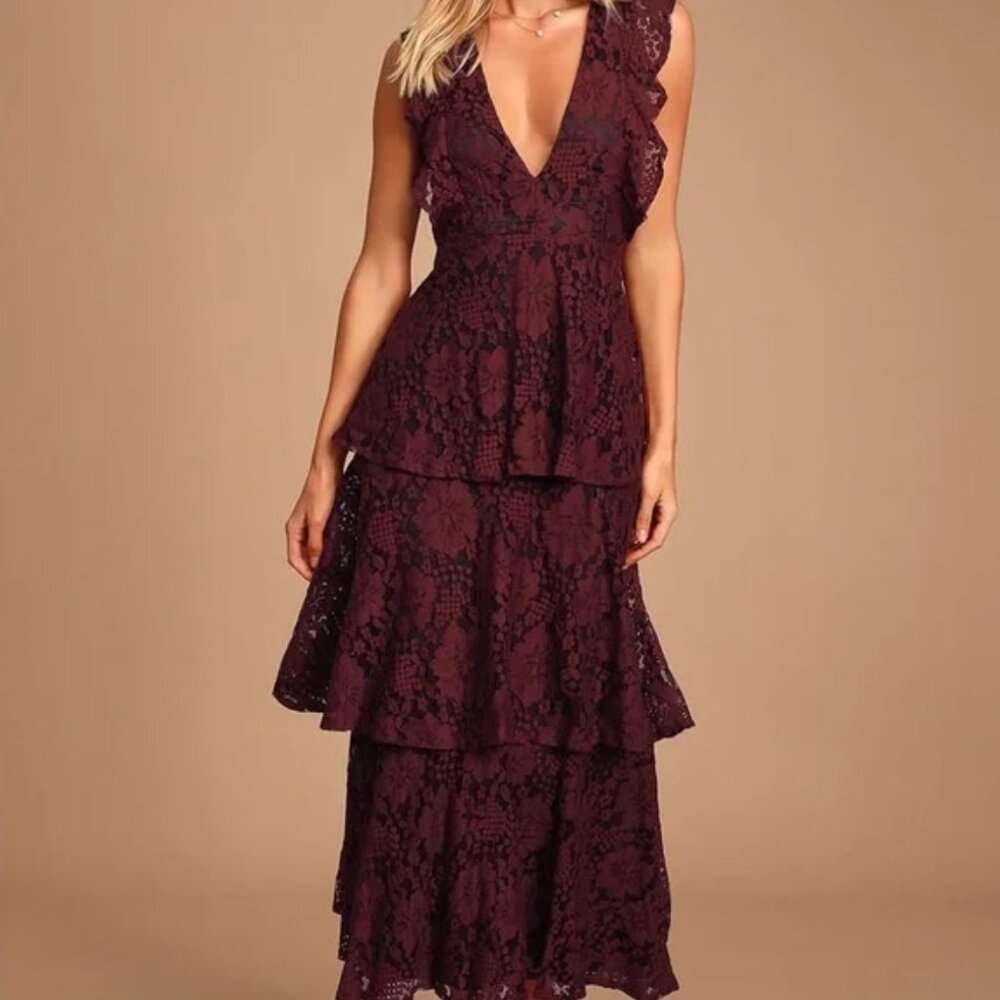 Lulus Molinetto Burgundy Lace Ruffled Tiered Sleeveless Dress